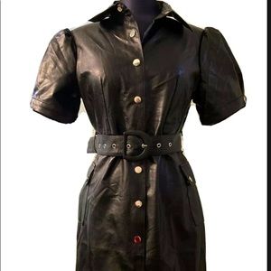 Black faux leather shirt dress